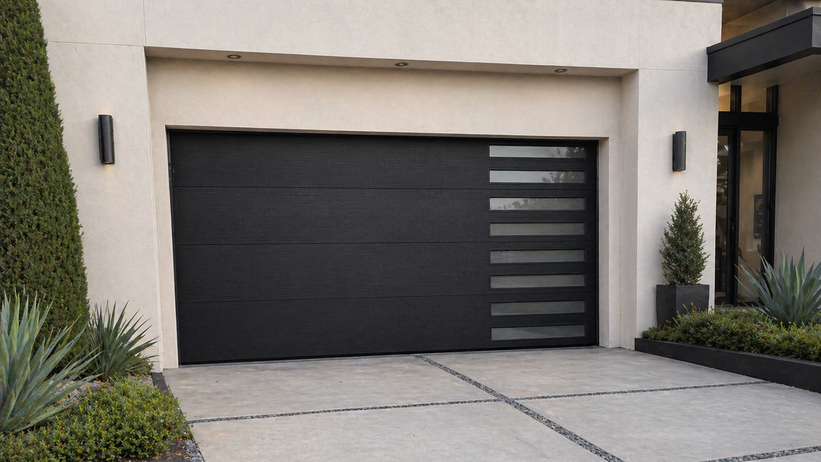 Modern black flush garage door with glass accents