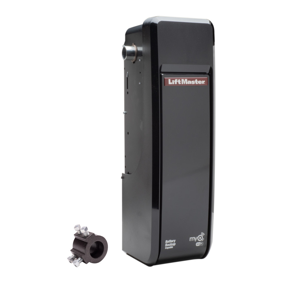 Wall-mount jackshaft garage door opener mounted beside the door
